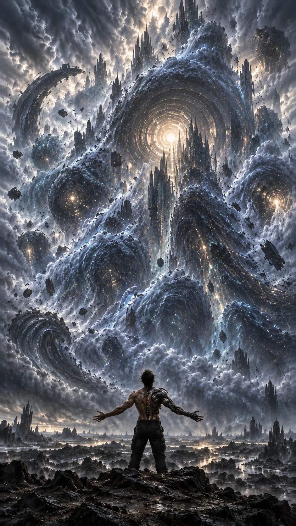A painted future world between destruction and renewal.