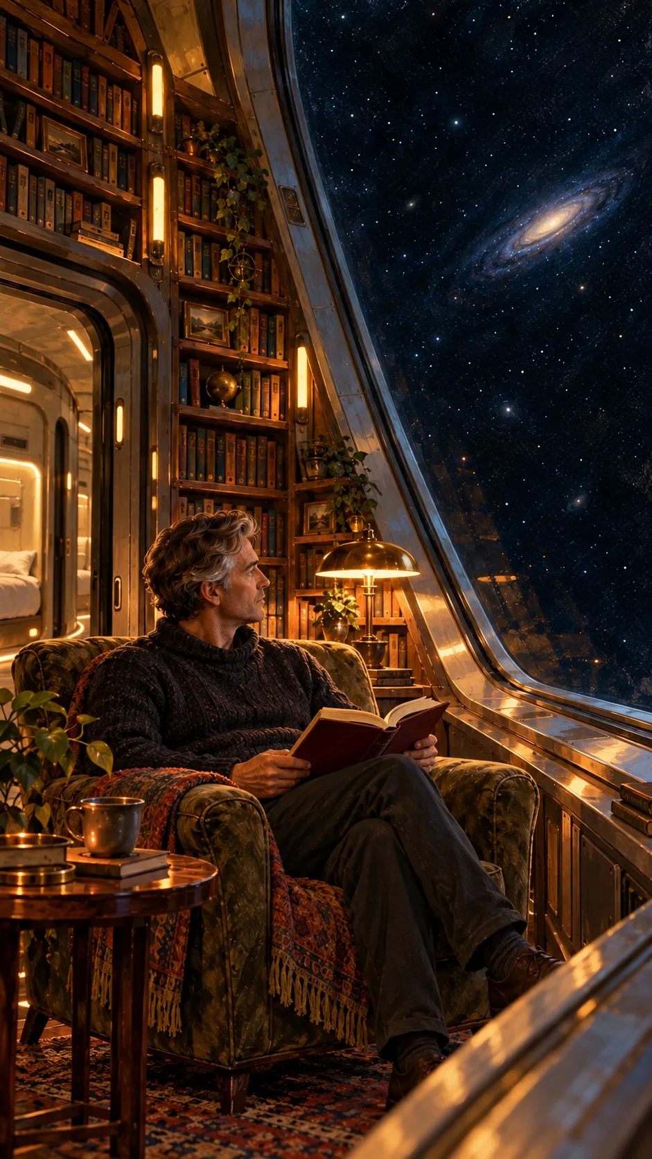A solitary reader in a lamplit spacecraft library overlooking a distant galaxy.