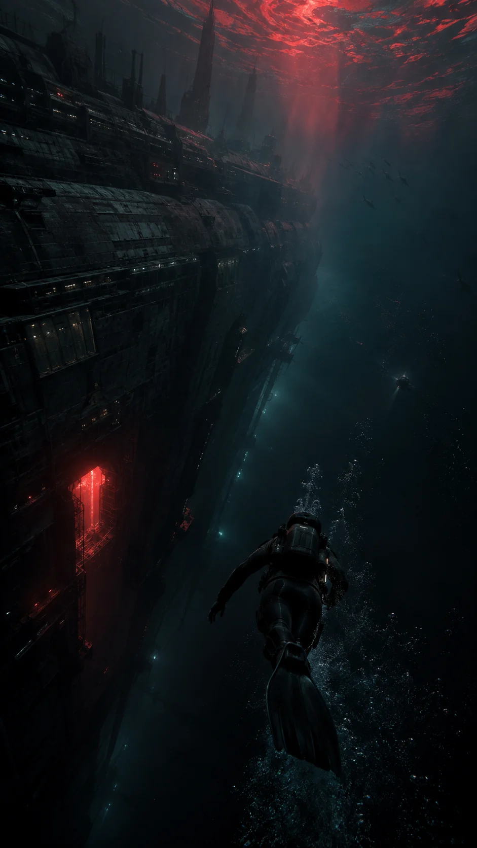 A diver descends beside a vast submerged structure, beneath red light filtering through the surface.